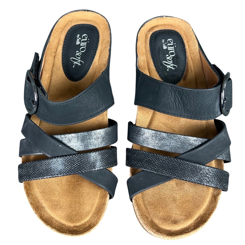 EuroSoft by Sofft Genalyn Black Silver Metallic Strappy Slide Sandals 6.5M